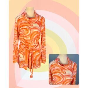 Vintage 70s Vera Coral Watercolor Swirl Cowl Neck Tunic Tie Waist Blouse M/L